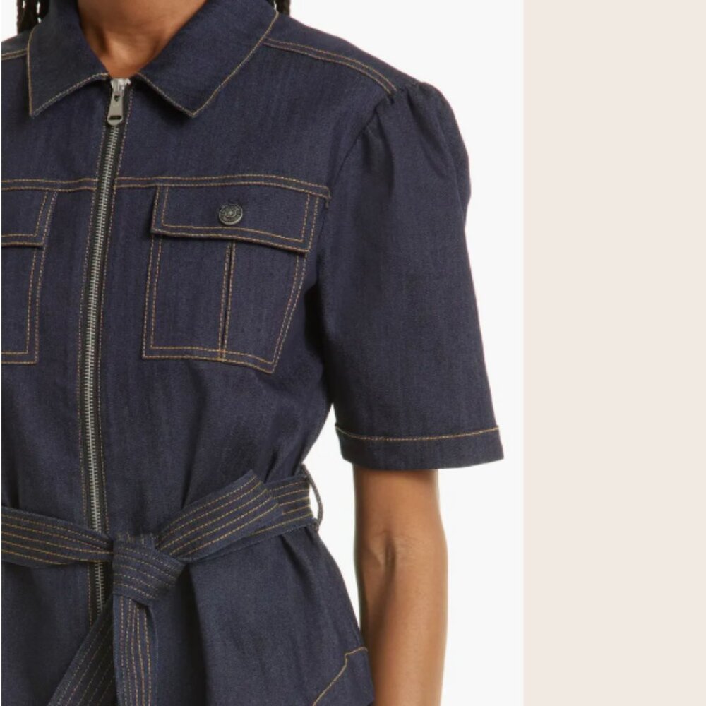 Cinq à Sept 'Luella' Top-Stitched Short-Sleeve Denim Jacket, Indigo - Picture 2 of 4